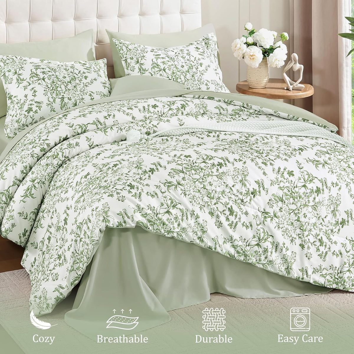 WONGS BEDDING 8 Pieces Queen Size Comforter Set Green, Sage Green Floral Bed in a Bag Comforter Sets, Soft Reversible Botanical Flowers Bedding Sets for All Season (90"x90")