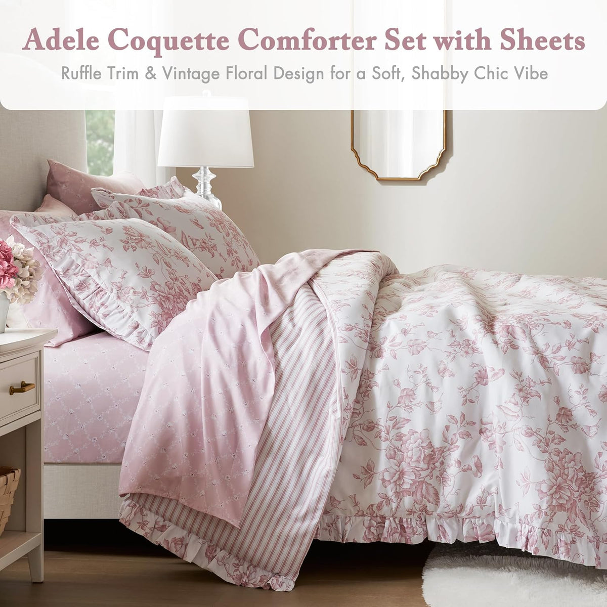 Madison Park Essentials Pink Floral Comforter Set with Sheets King,7pc