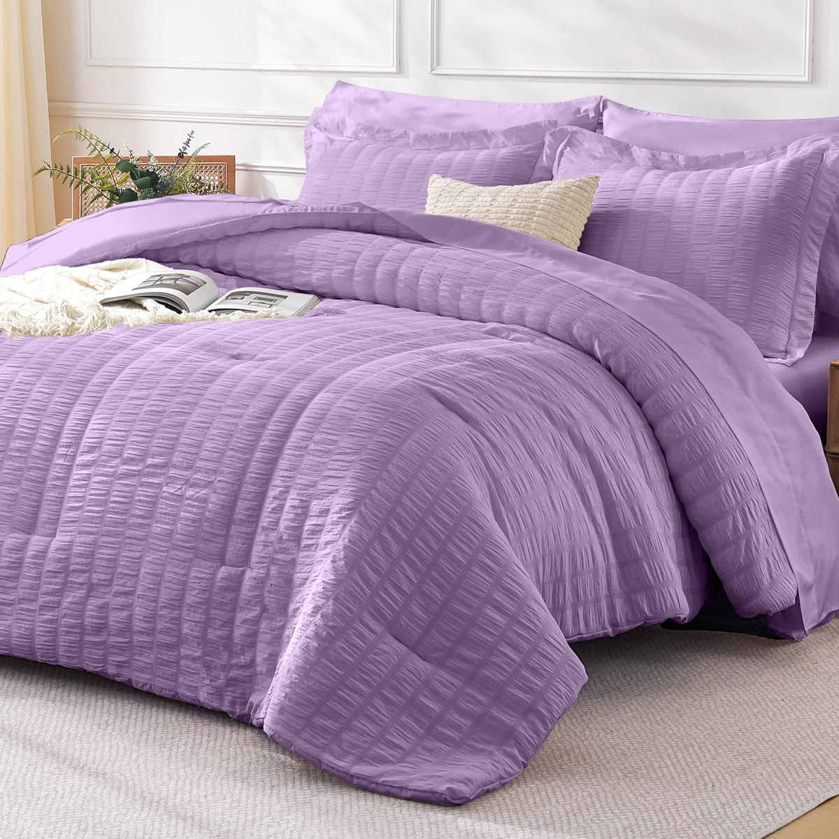 FreshCulture Twin Size Comforter Set Seersucker 5 Pieces, All Season Bedding Set Twin, Soft Bed in a Bag Comforter Set with Comforter, Flat Sheet, Fitted Sheet, Pillowcase and Pillow Sham, Cream