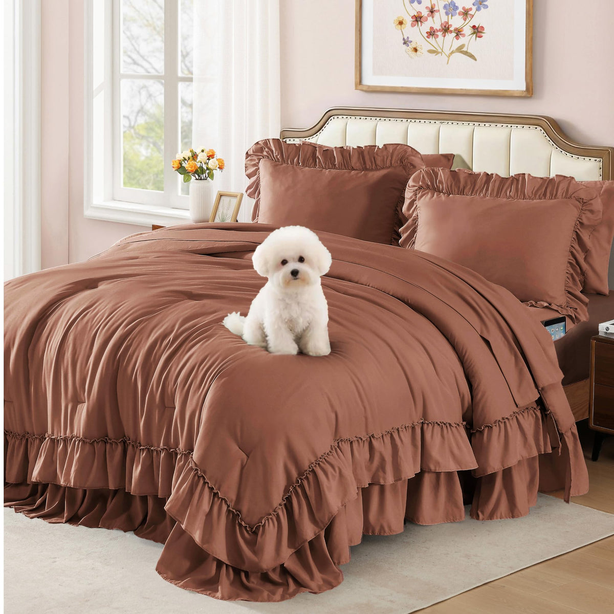 AMBERSPACE Queen Comforter Set White Ruffle 7 Pieces Farmhouse Bed in a Bag