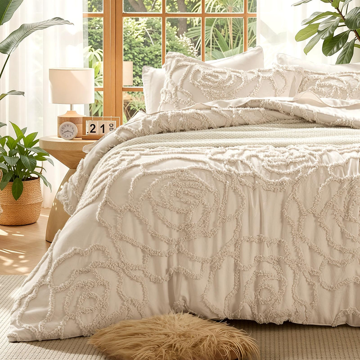 7 Pieces Comforter Set Queen Khaki Tufted Rose Soft Fluffy Boho Tufted Comforter Set All Season Bed in a Bag Set Shabby Chic Farmhouse Rustic Style Bedding