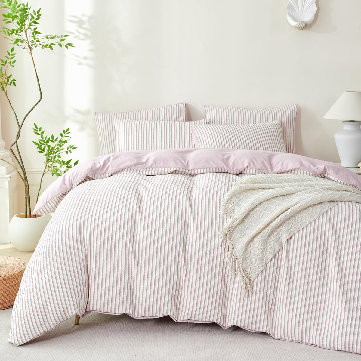 Comforter Set King Size Dusty Pink Soft Luxury Washed Microfiber Jacquard 3 Pieces Bedding Set, White Dusty Pink Vertical Ticking Stripes Comforter with 2 Pillowcases Breathable Durable Comfy