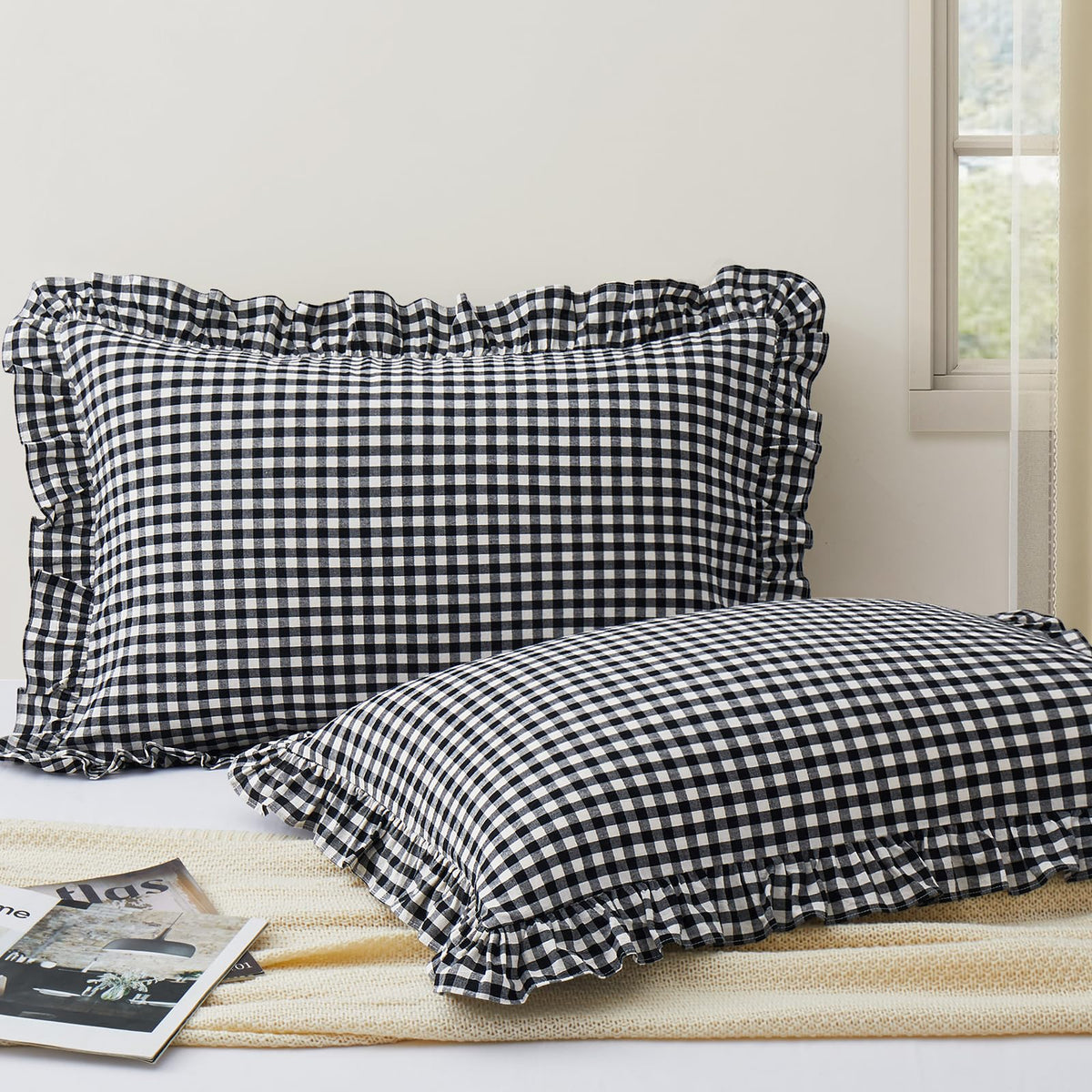 KKJIAF 2 Pcs Plaid Ruffle Pillow Case Standard Size, Sage Green Plaid