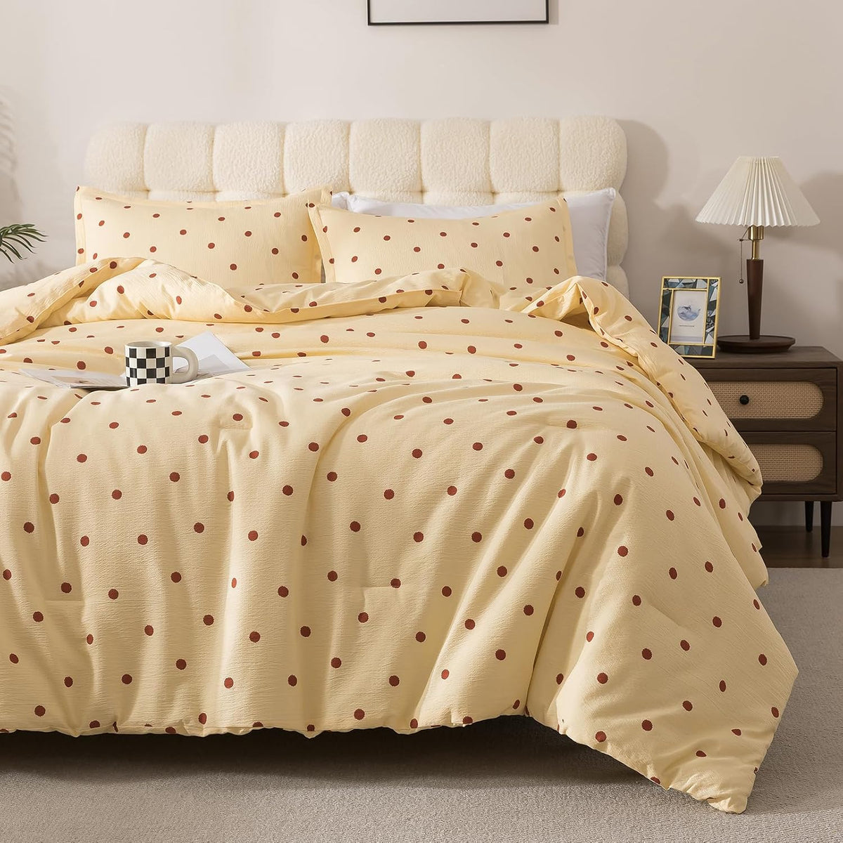 Caressma Yellow Full Comforter Set with Polka Dots 3 Pieces Bedding Set