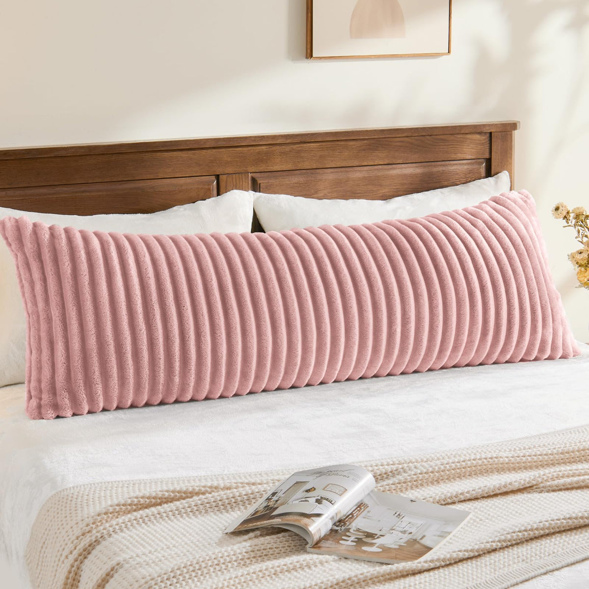 BEDELITE Fluffy Striped Body Pillow Cover with Zipper, Cream White, 20x54