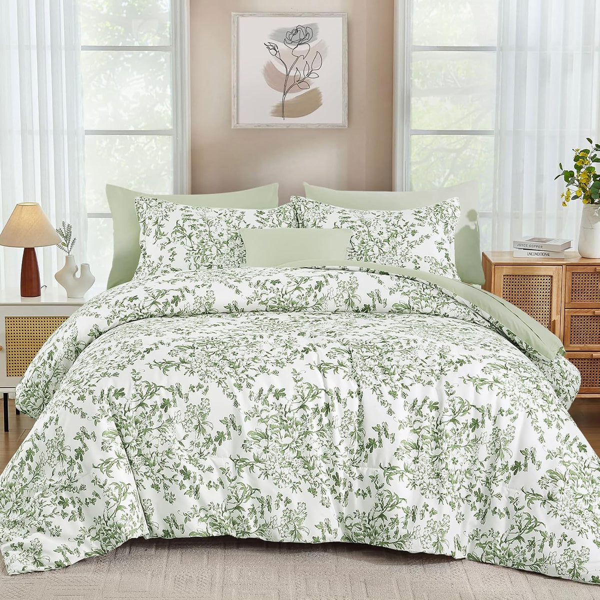 WONGS BEDDING 8 Pieces Queen Size Comforter Set Green, Sage Green Floral Bed in a Bag Comforter Sets, Soft Reversible Botanical Flowers Bedding Sets for All Season (90"x90")