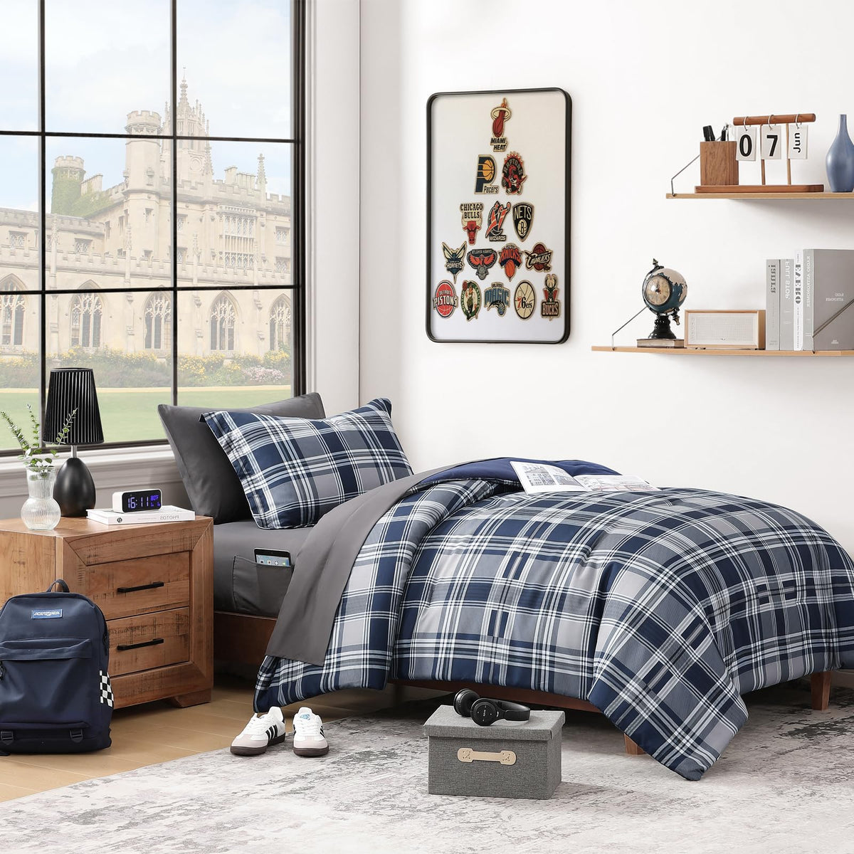 MaiRêve Plaid Queen Comforter Set Navy Blue 7 Pieces Bed in a Bag