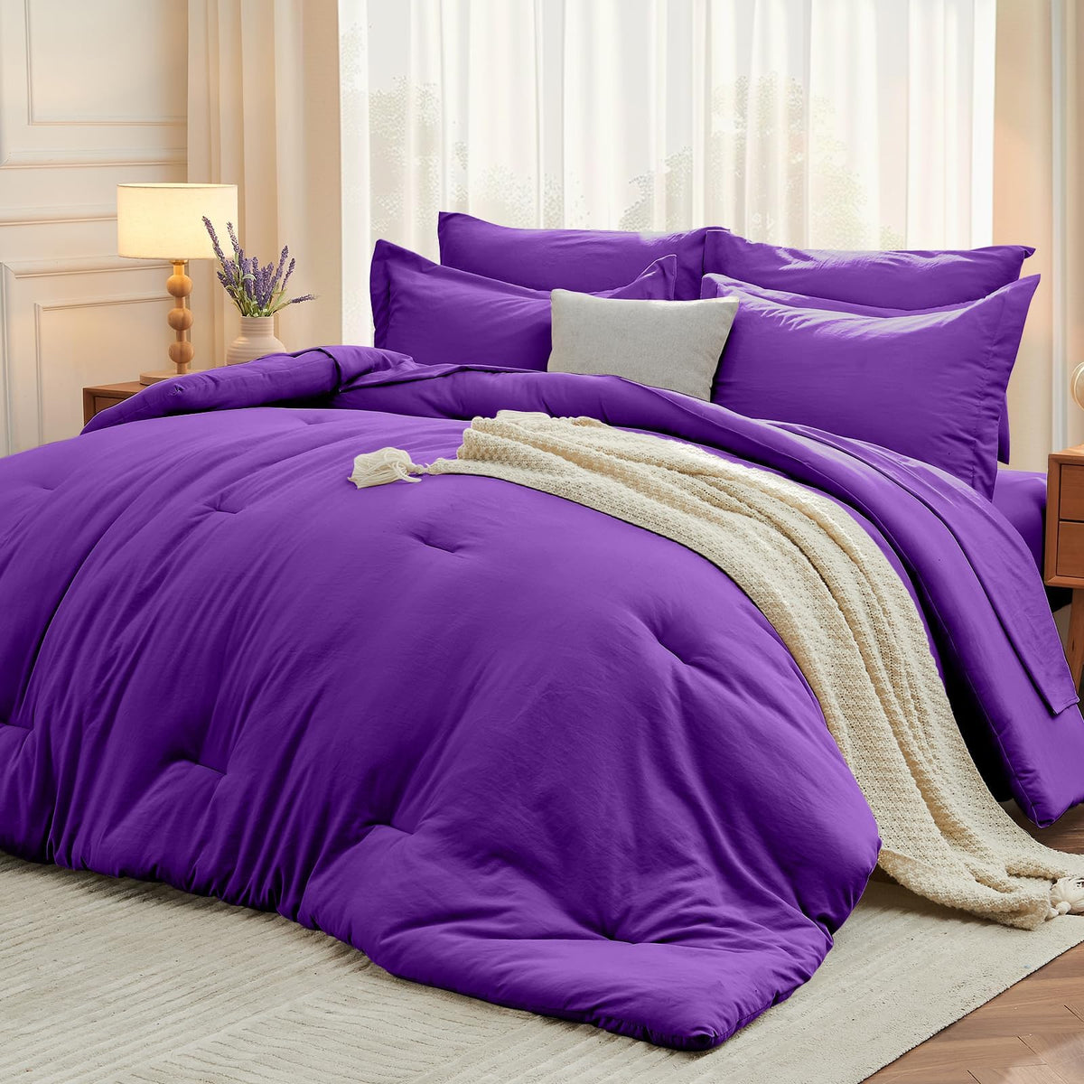 MUXHOMO King Comforter Set 7 Pieces, Soft Bed in a Bag, Beige
