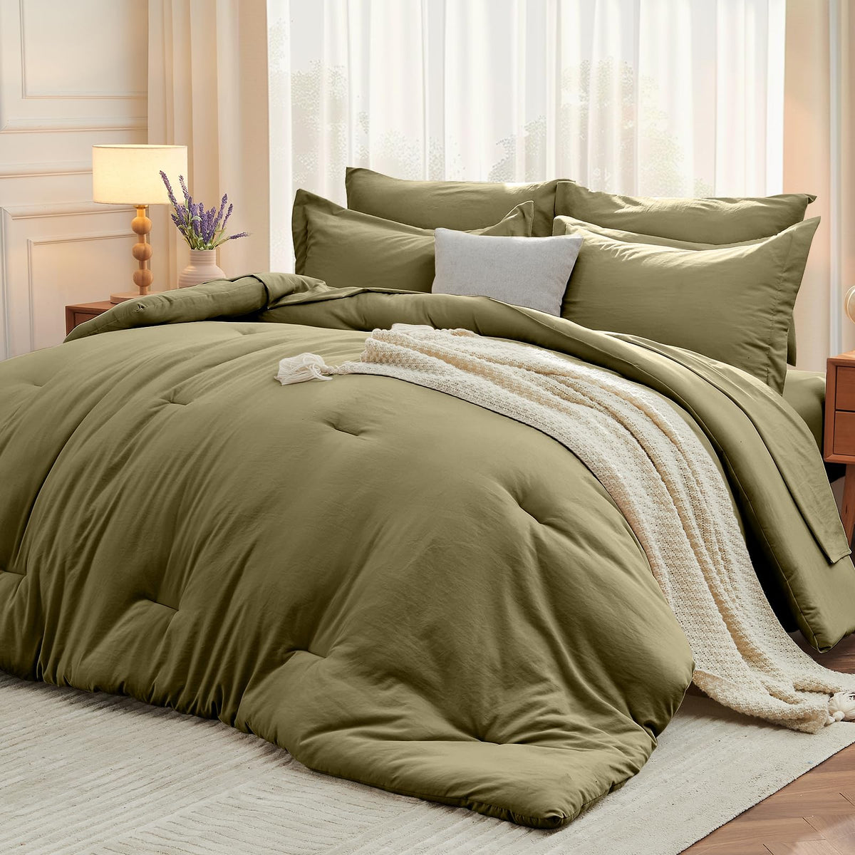 MUXHOMO King Comforter Set 7 Pieces, Soft Bed in a Bag, Beige
