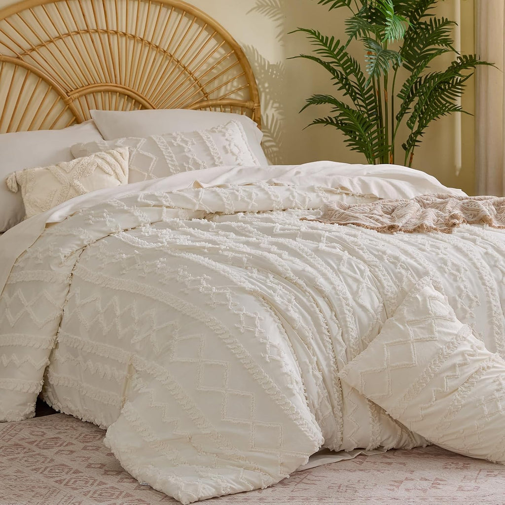 BEDELITE Queen Comforter Set 7 Pieces,Boho Bed in a Bag,Cream White
