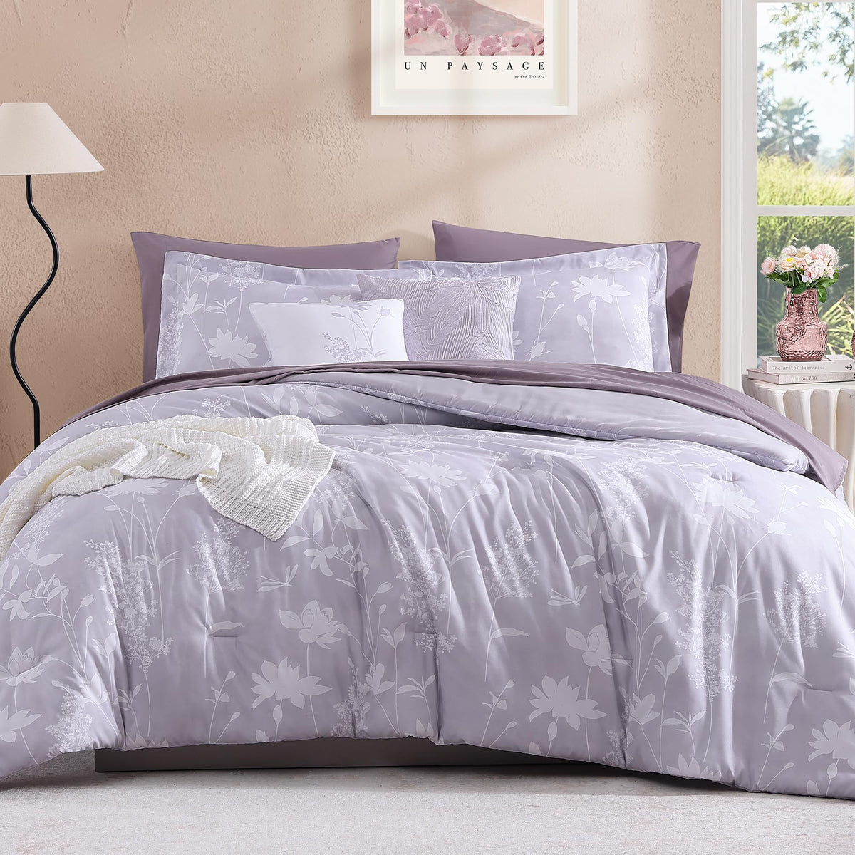 BLOOMHAVEN King Size Comforter Set-7 Pieces Blue Floral Bed in a Bag King