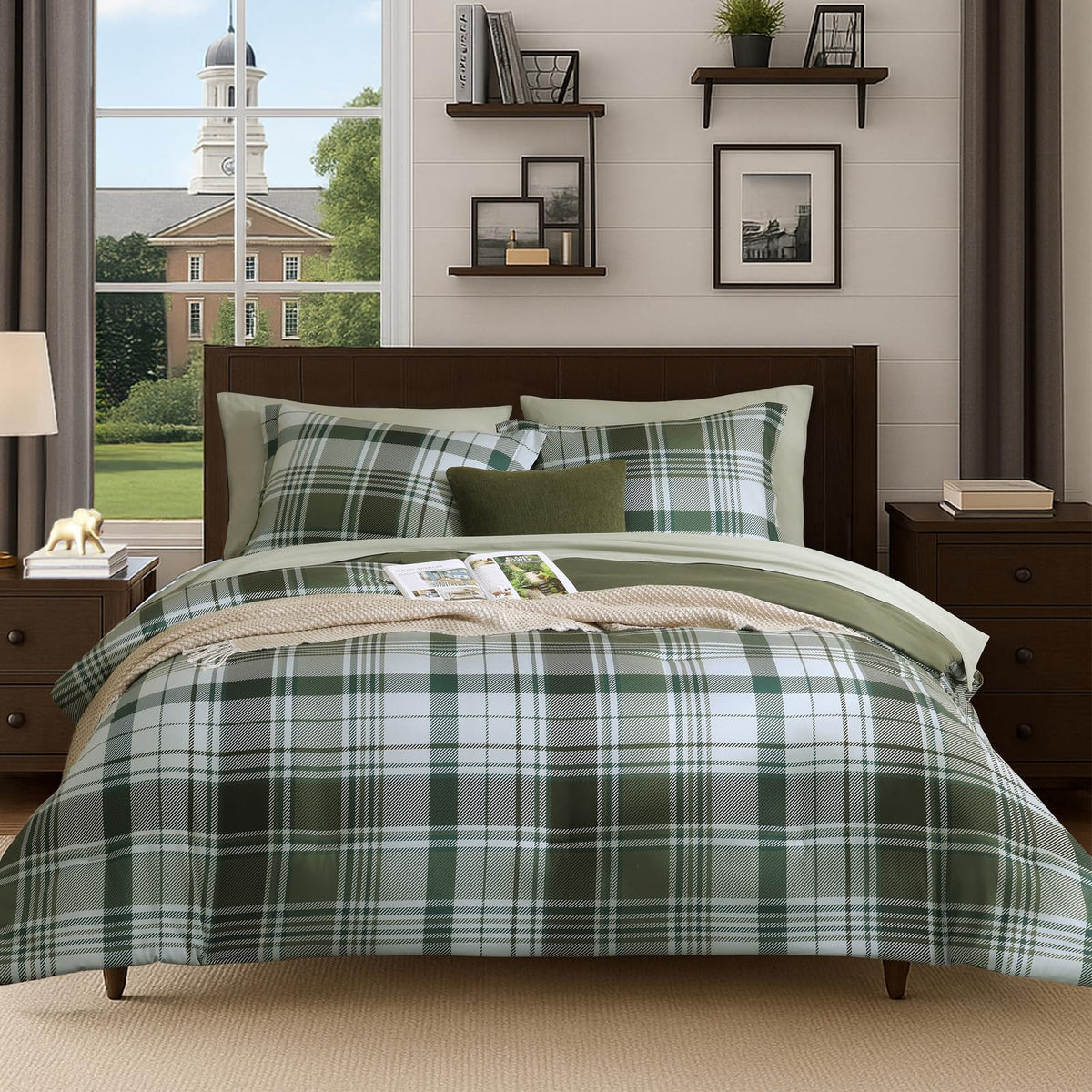 MaiRêve Plaid Queen Comforter Set Navy Blue 7 Pieces Bed in a Bag