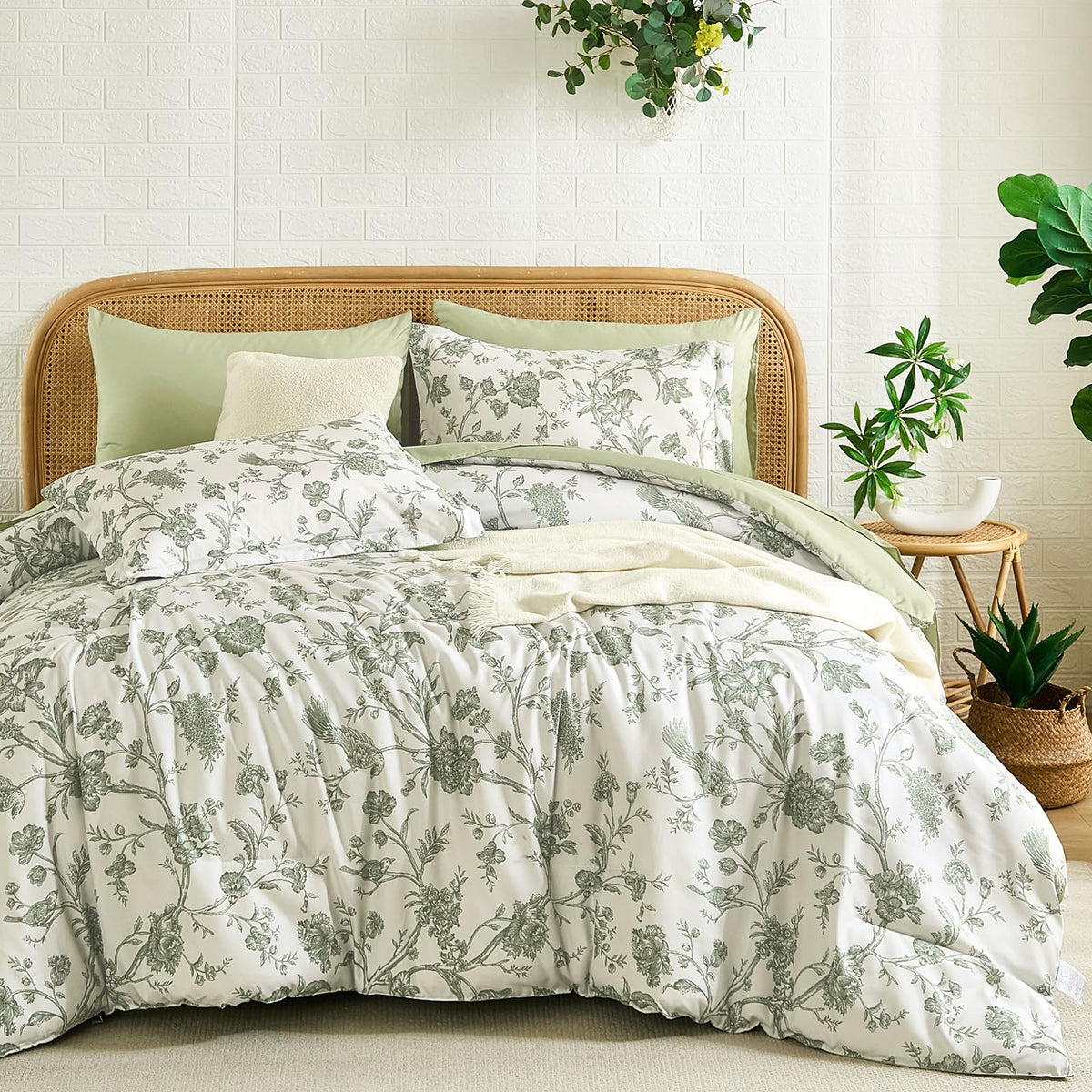 Luxudecor Blue Rose Floral Queen Comforter Set, 7 Pieces Bed in a Bag
