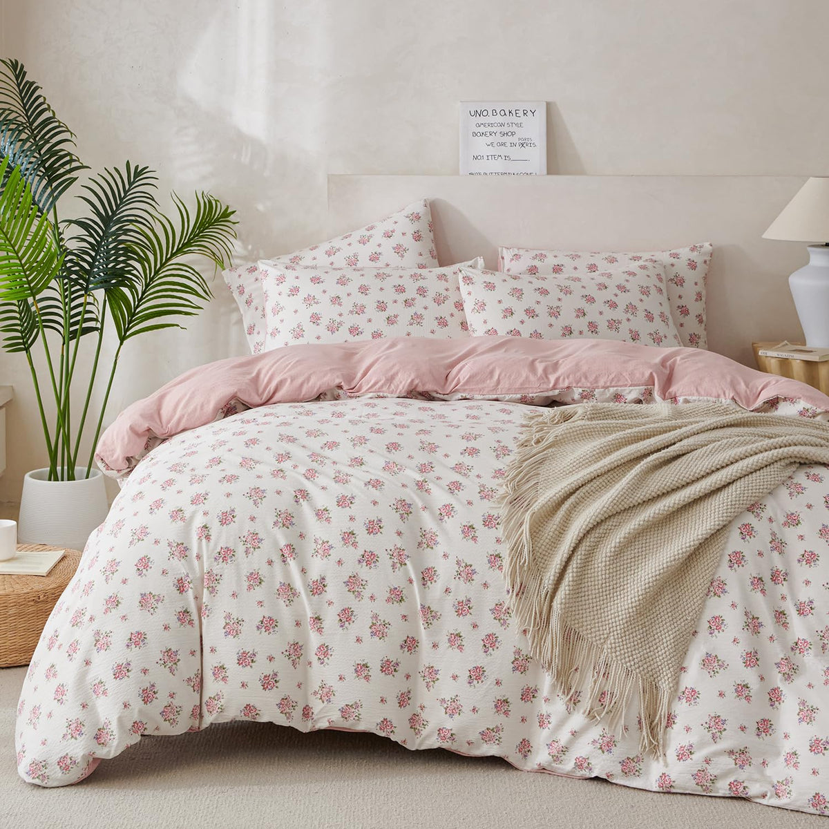 Comforter Set King Size Dusty Pink Soft Luxury Washed Microfiber Jacquard 3 Pieces Bedding Set, White Dusty Pink Vertical Ticking Stripes Comforter with 2 Pillowcases Breathable Durable Comfy