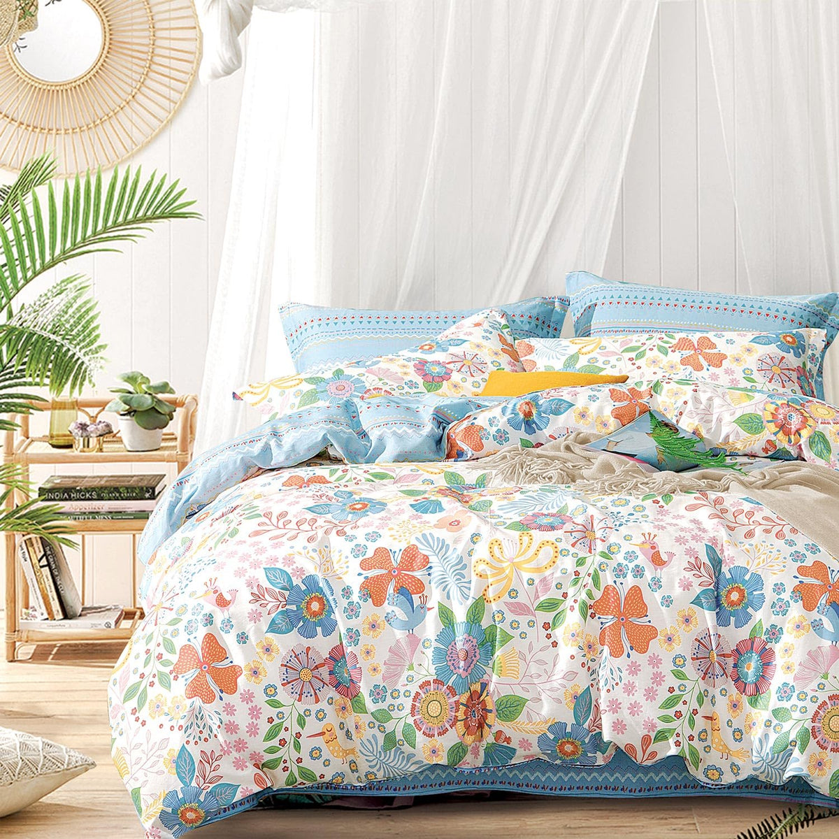 ALEISSEL Natural Cotton 3pcs Floral Comforter Sets King Size-Yellow Comforter with Pink & Yellow Flowers and Blue & Green Leaves on White, Reversible Lightweight Bedding Sets(King 104"×90")