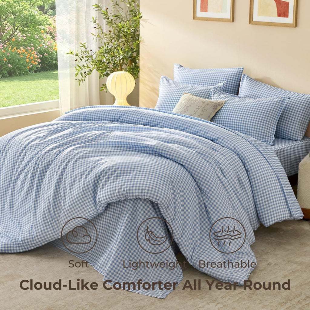 Litanika King Size Comforter Set 7 Pieces Cornflower Blue Gingham