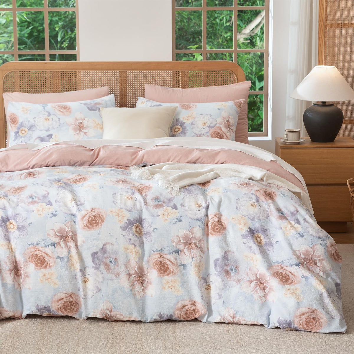 Comforter Set King Size Dusty Pink Soft Luxury Washed Microfiber Jacquard 3 Pieces Bedding Set, White Dusty Pink Vertical Ticking Stripes Comforter with 2 Pillowcases Breathable Durable Comfy