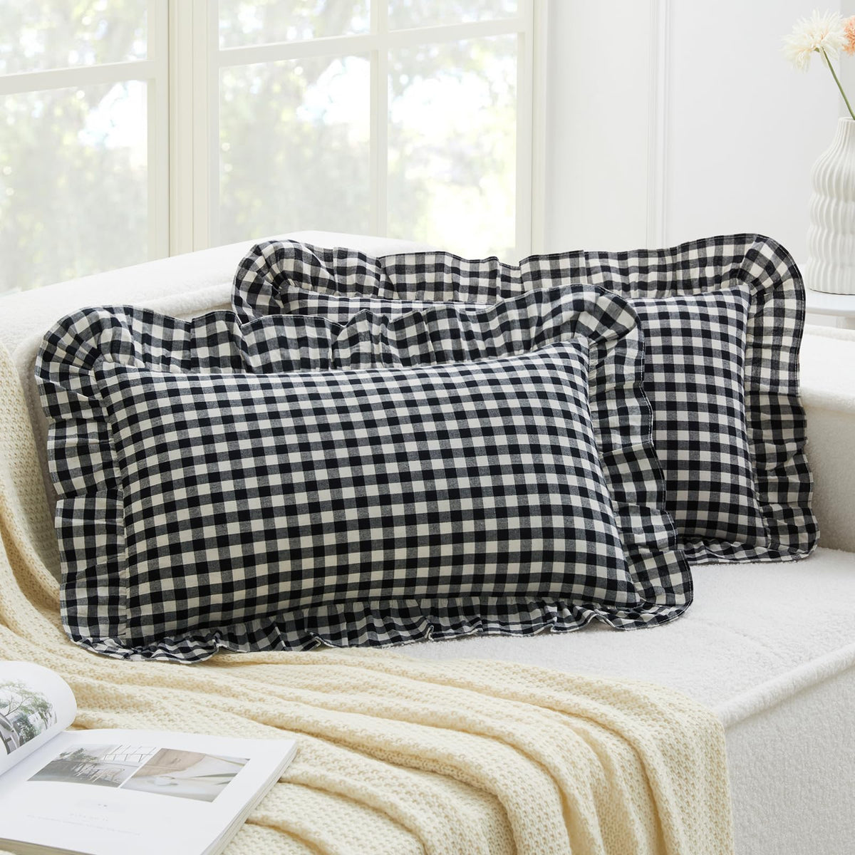 KKJIAF 2 Pcs Plaid Ruffle Pillow Case Standard Size, Sage Green Plaid