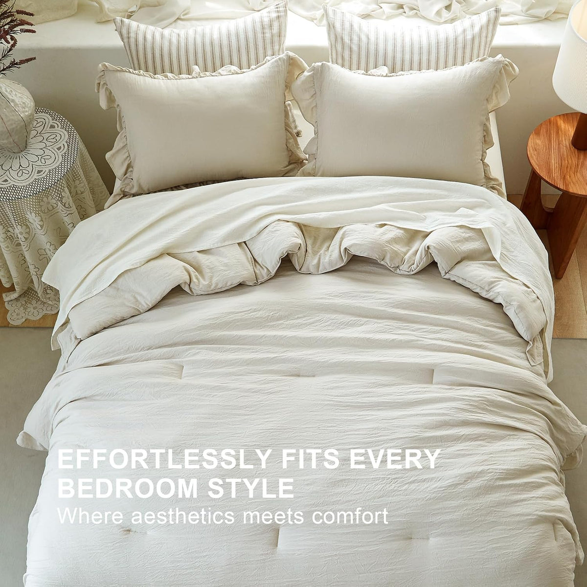 Beige Ruffle 2 Pieces Comforter Set Twin Shabby Chic Bedding Set