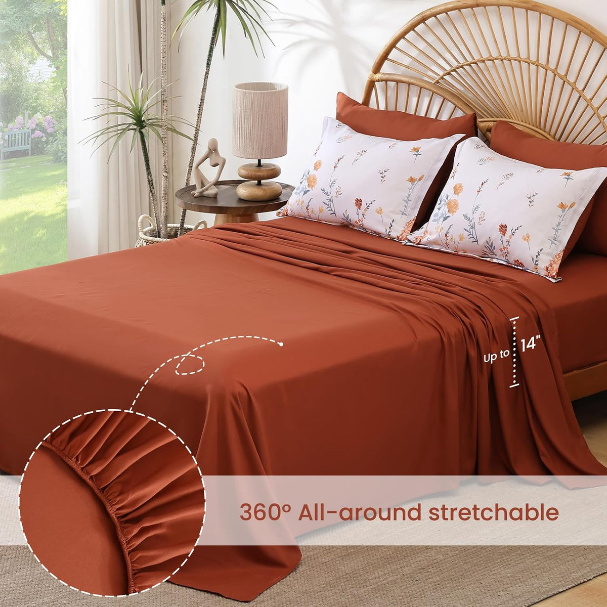 Burnt Orange Floral Comforter Set Queen Size,7 Piece Cute Flower Comforter
