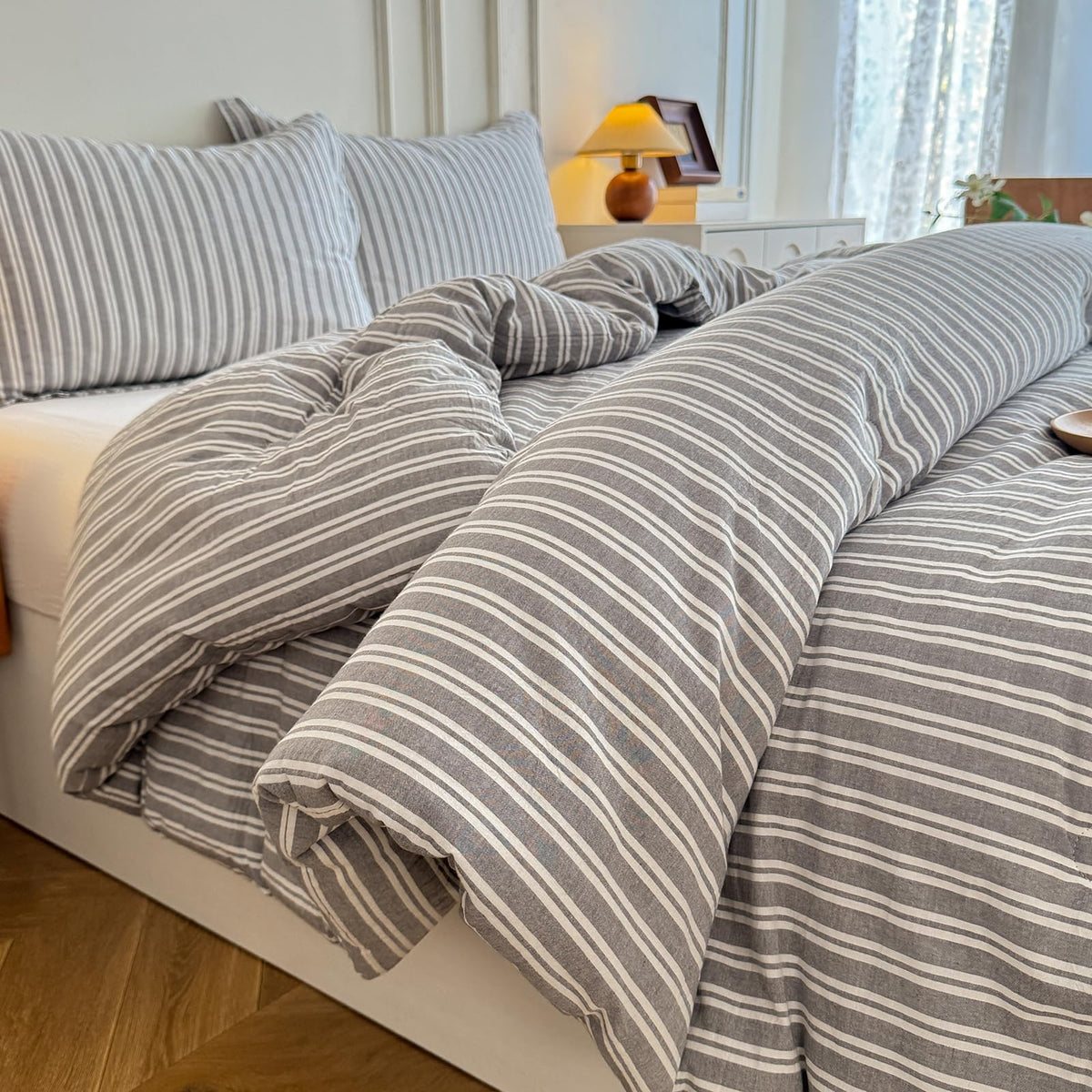 Cyusri Cotton Stripe Full Comforter Set - Soft Lightweight Bedding 3 Pieces Dyed Bed Set with 2 Pillow Shams,Reversible All Season Farmhouse Down Alternative(Full Size 80"x90" Beige)