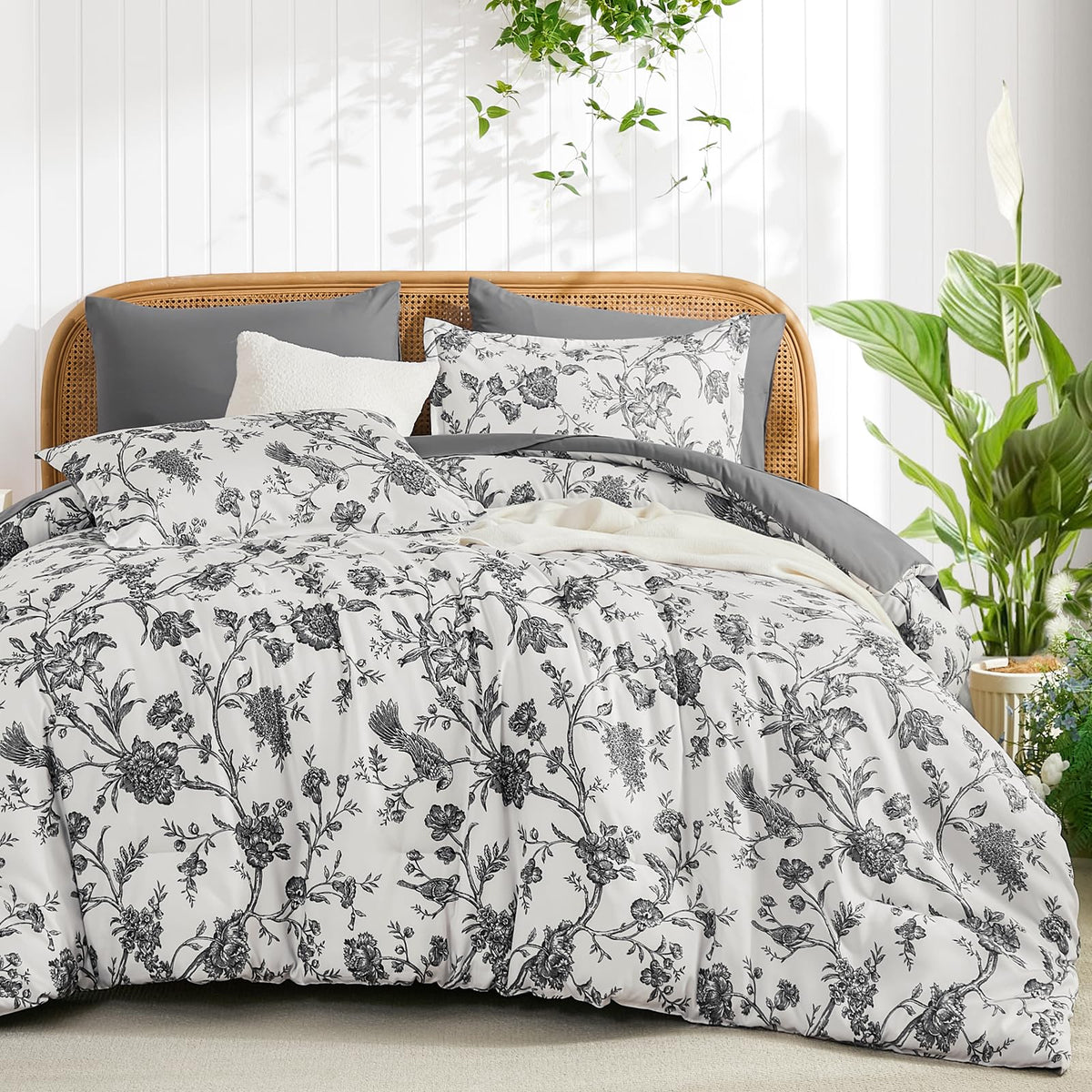 Luxudecor Blue Rose Floral Queen Comforter Set, 7 Pieces Bed in a Bag
