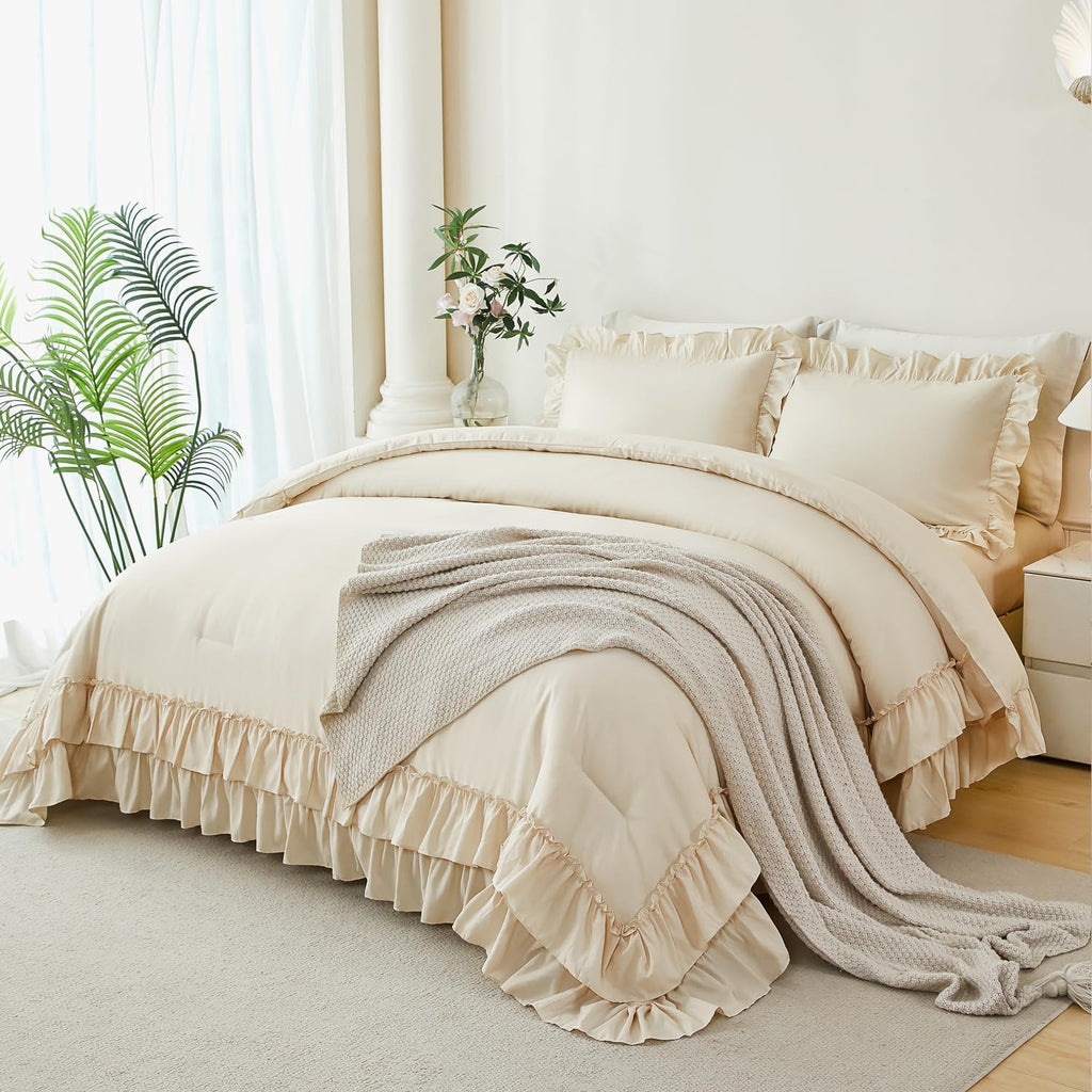 ANGIYUIN 5Pcs Beige Ruffled Comforter Set Queen Double-Layer Ruffle Bedding Comforter Set for Women Girls Fluffy Shabby Chic Bed in a Bag with Sheets(Beige Queen)