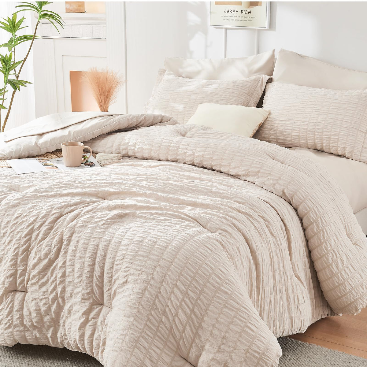 King Comforter Set - 7PCS Bed in a Bag, Seersucker Bedding Set, Dark Grey