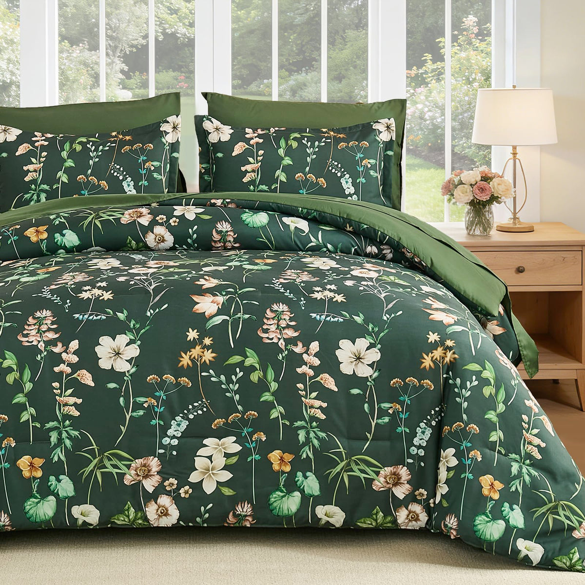 DJY Floral Comforter Set Queen Size,Brown Botanical Bedding Sets