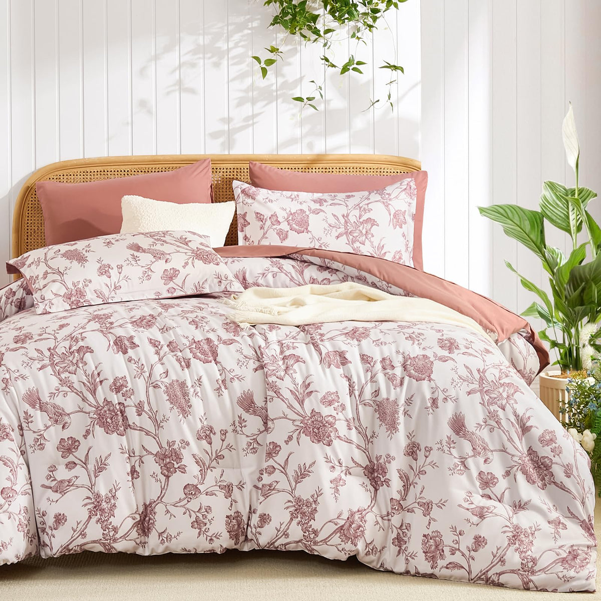Luxudecor Blue Rose Floral Queen Comforter Set, 7 Pieces Bed in a Bag