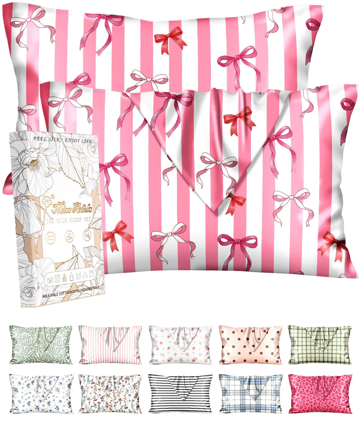 Miss Adola 2pcs Silk Pillowcase with Hidden Zipper, Pink Stripes