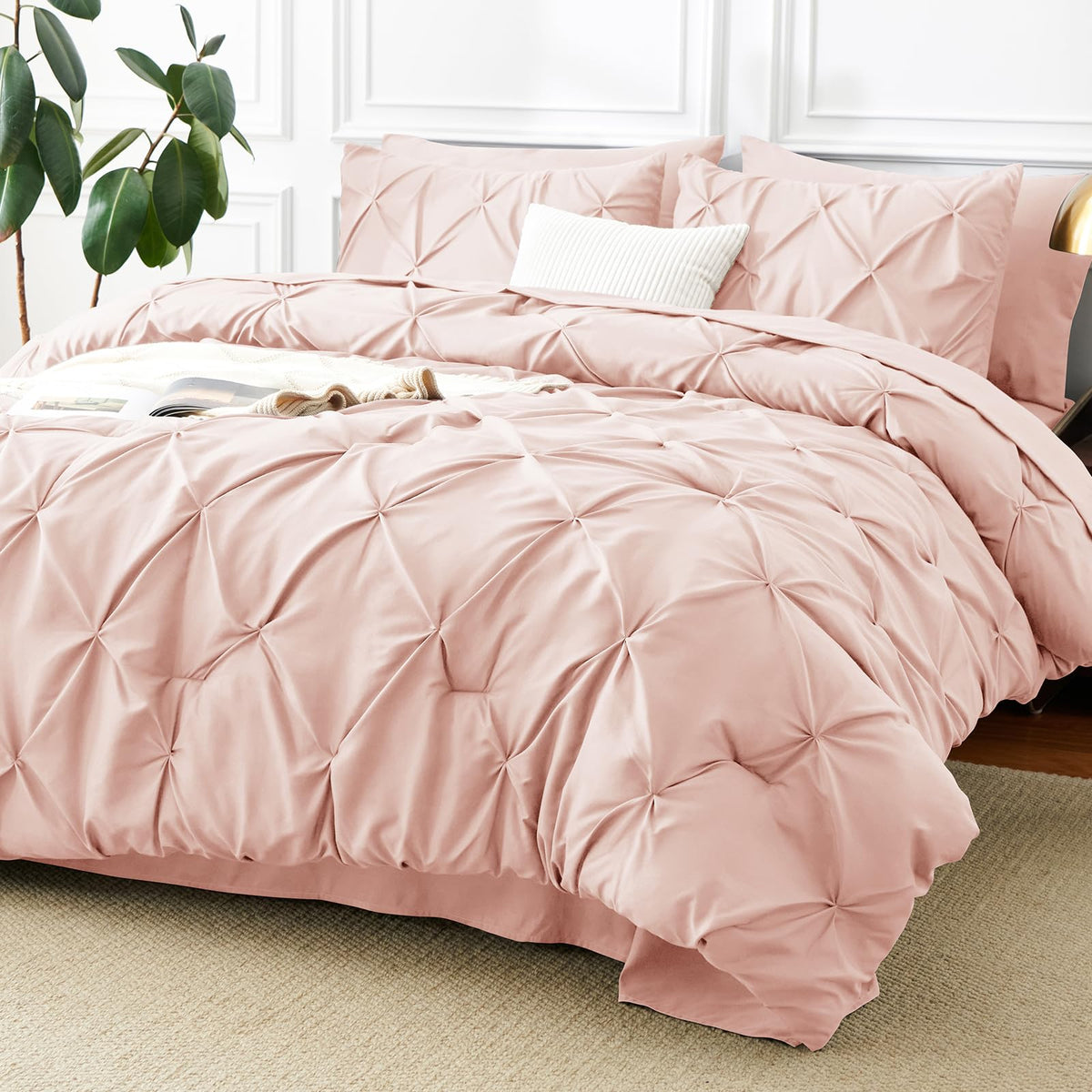 CozyLux Queen Comforter Set Black, 7 Pieces Pintuck Bed in a Bag