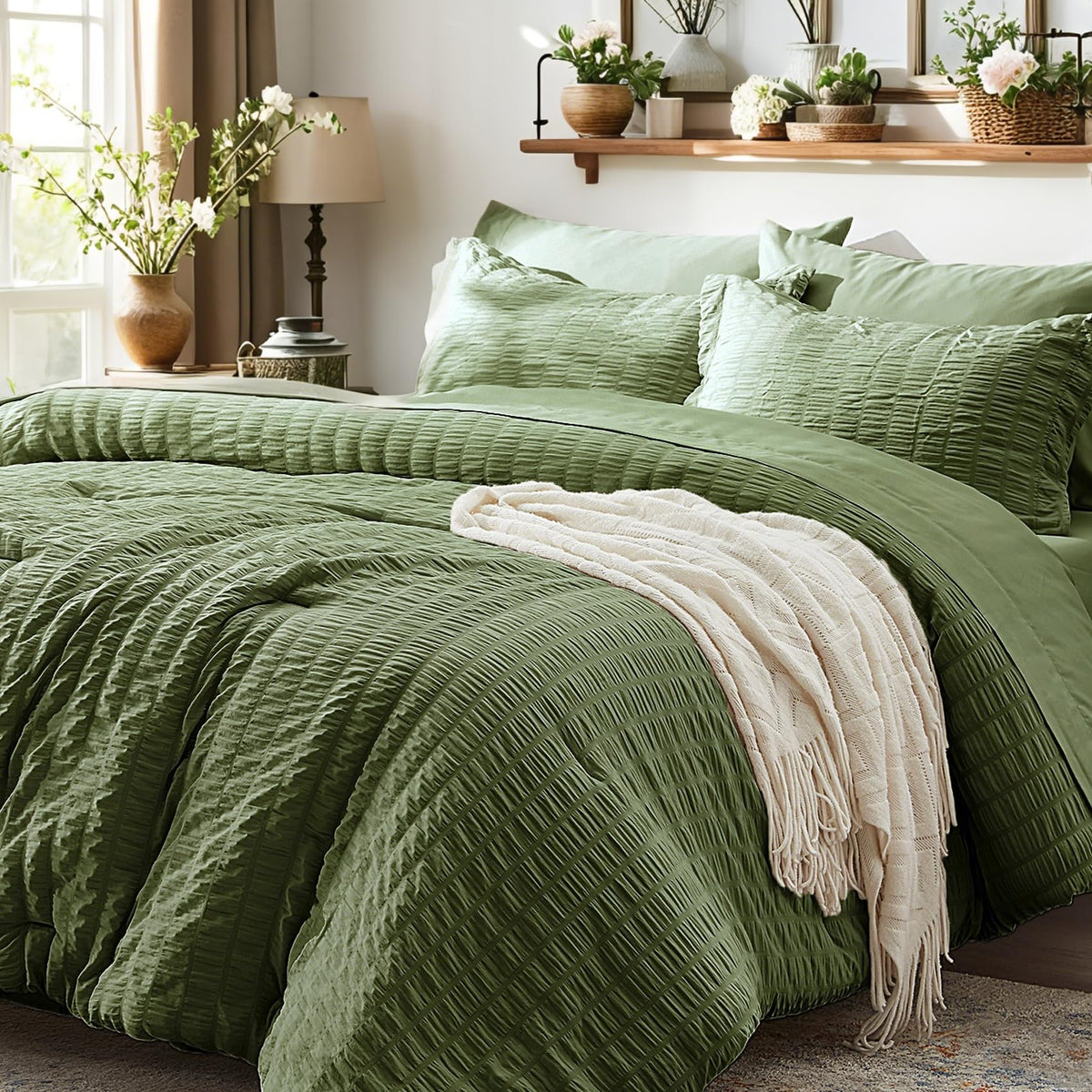 Zzlpp Queen Comforter Set 7 Piece, Green Bed in a Bag Queen Bedding Sets