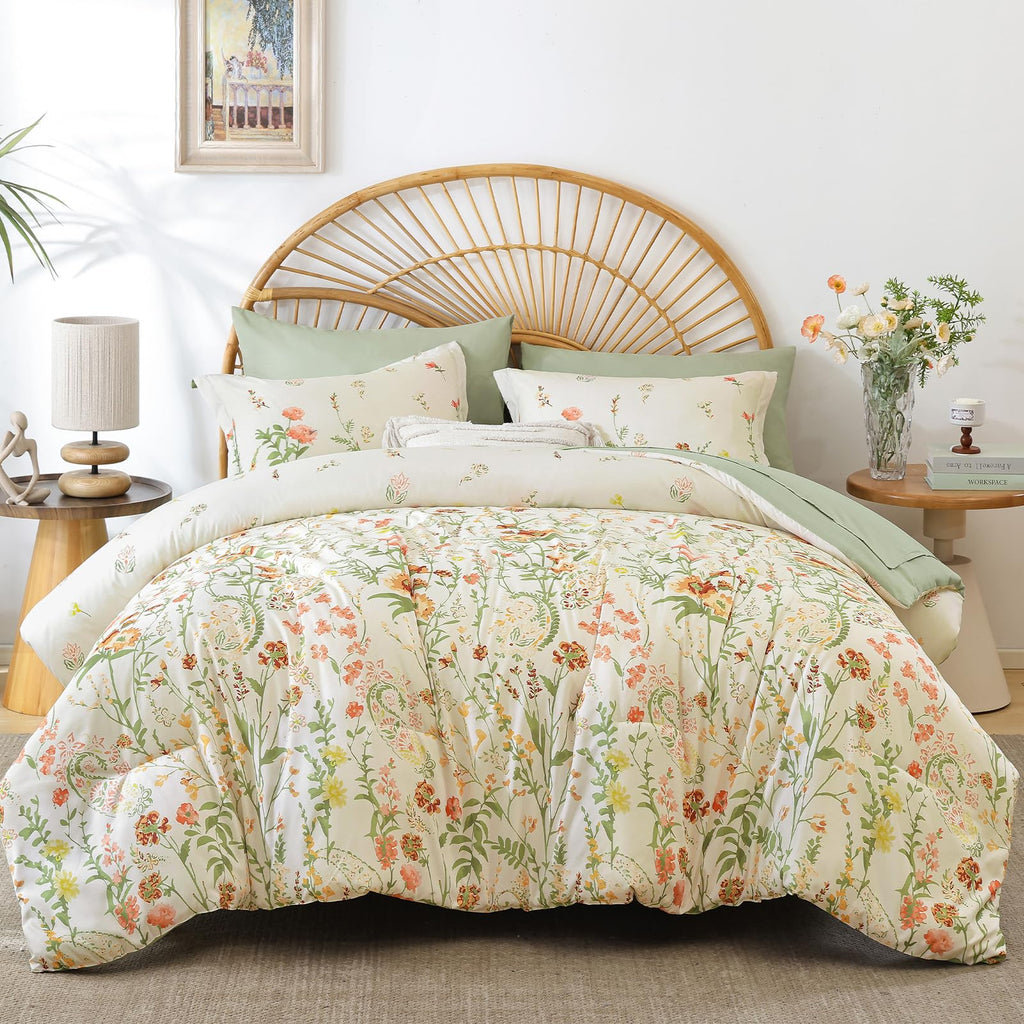 Burnt Orange Floral Comforter Set Queen Size,7 Piece Cute Flower Comforter