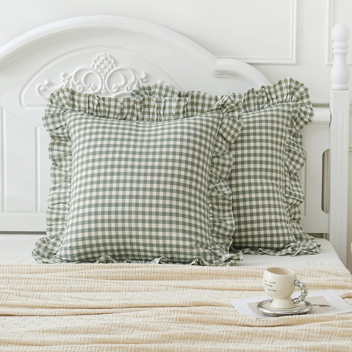 Taupe/White Plaid Ruffled Body Pillow Cover Washed Cotton 20"x54"