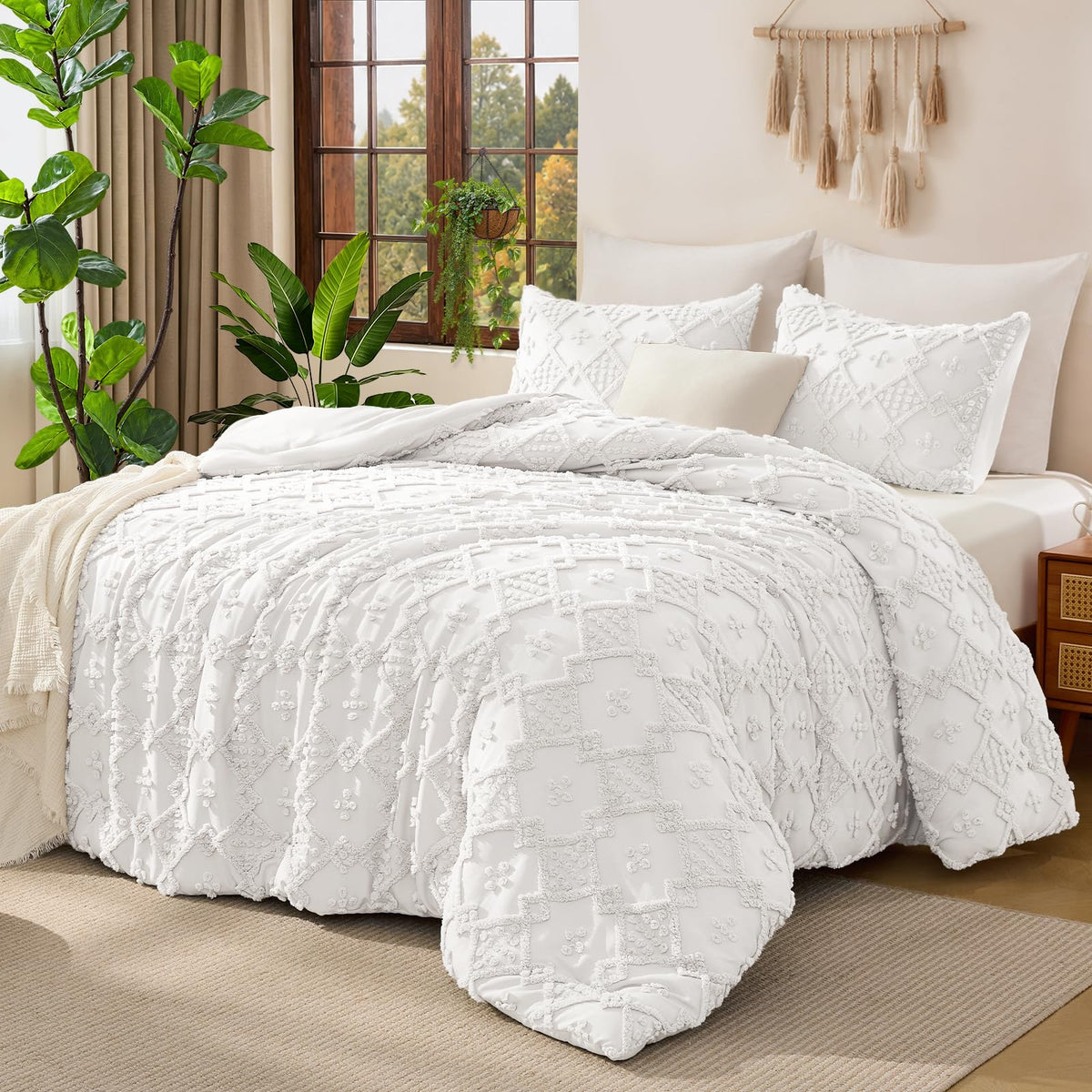 Tufted Boho Comforter Set, 3 Pieces Pink Boho King Bedding Set