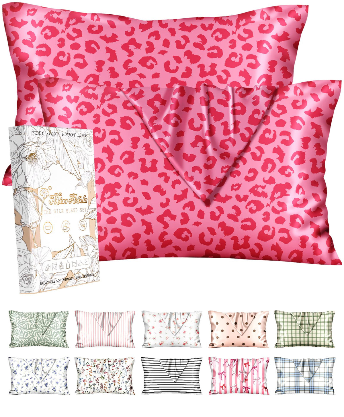 Miss Adola 2pcs Silk Pillowcase with Hidden Zipper, Pink Stripes