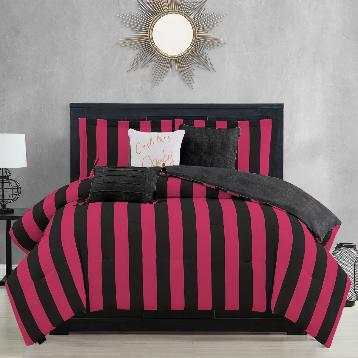 Juicy Couture Cabana Stripe Reversible Bedding Set - Queen Size - Black and White Stripe Print – 6 Piece Set – Includes 1 90" x 90" Comforter, 3 Decorative Pillows, 2 Shams
