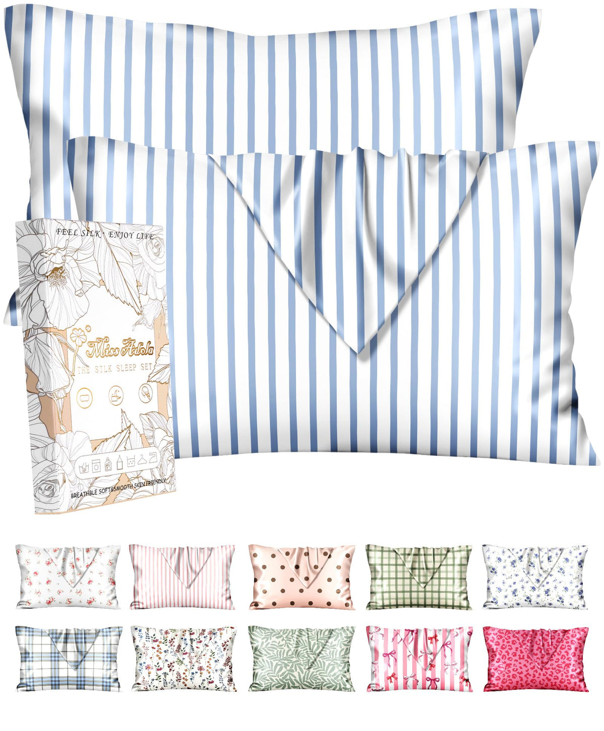 Miss Adola 2pcs Silk Pillowcase with Hidden Zipper, Pink Stripes