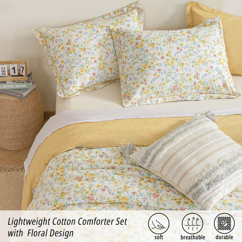 ALEISSEL Natural Cotton 3pcs Floral Comforter Sets King Size-Yellow Comforter with Pink & Yellow Flowers and Blue & Green Leaves on White, Reversible Lightweight Bedding Sets(King 104"×90")