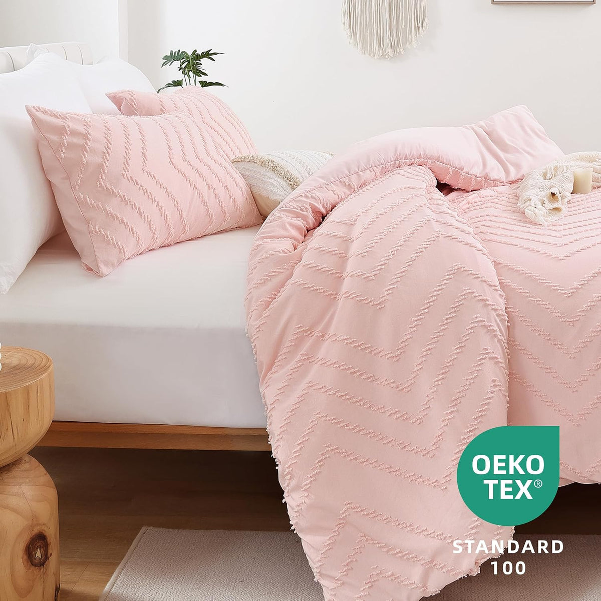 YIRDDEO Twin Size Comforter 2Pcs, Blush Pink Boho Chevron Bedding Sets
