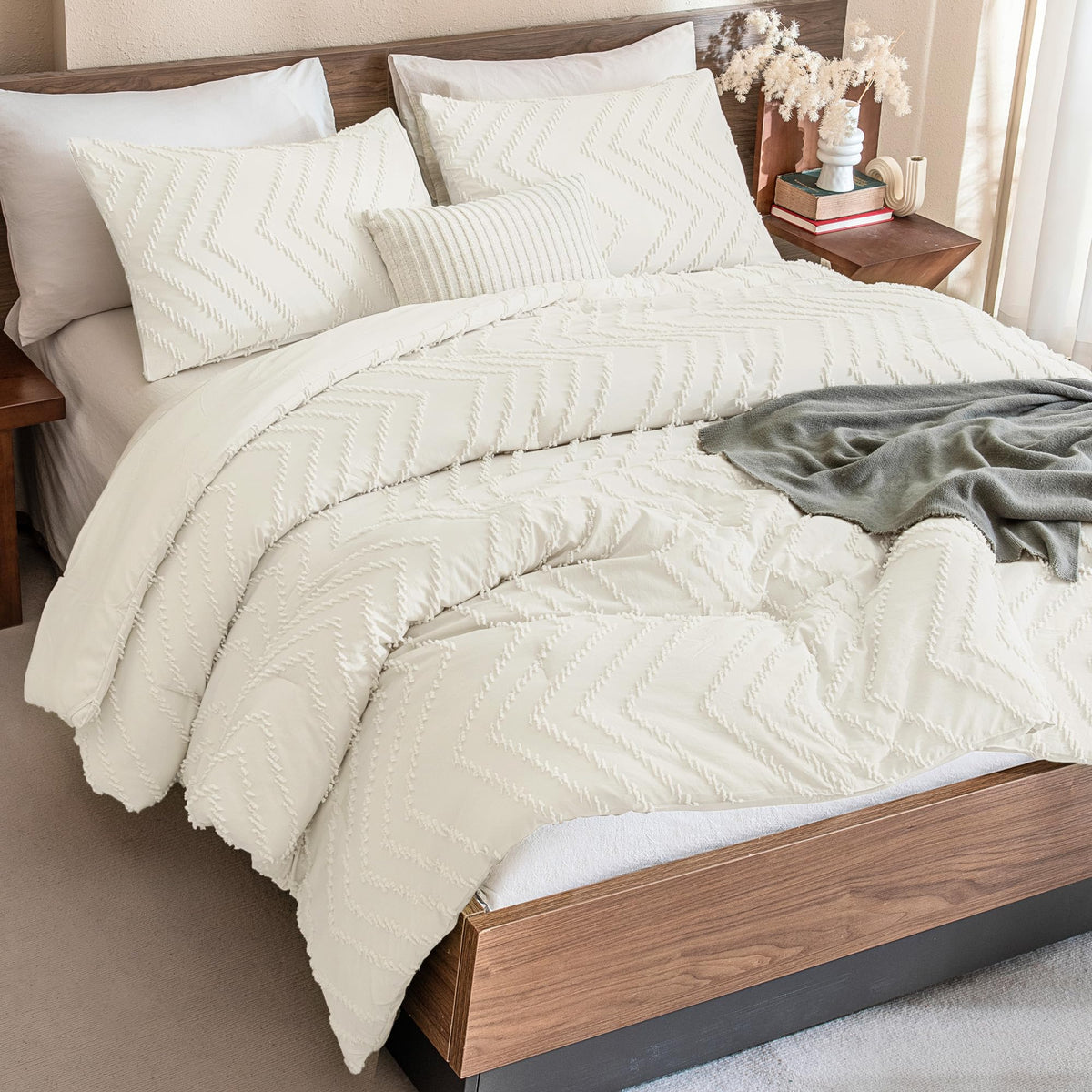 Andency Queen Comforter Set Beige, 3 Pieces Comforters Queen Size Bed Set