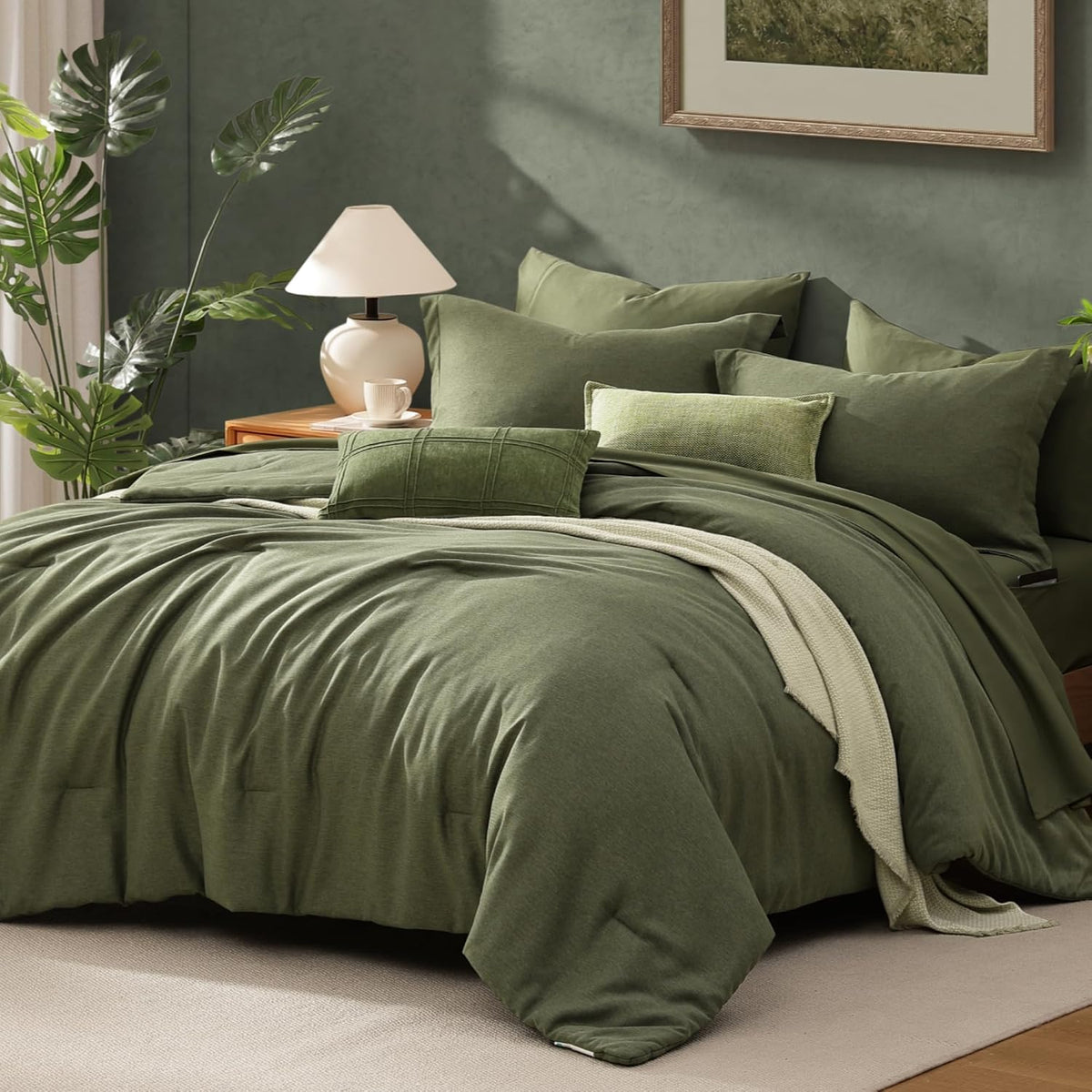 King Bedding Set - 7 Pieces Green Comforter Set King Size Soft Bed in a Bag