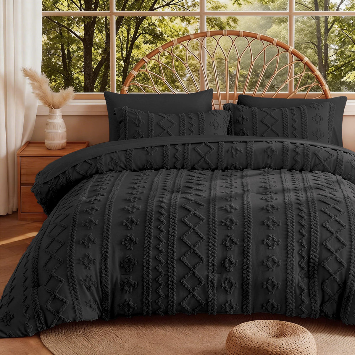 MR&HM Queen Comforter Set 7 Pieces, Fluffy Tufted Boho Beddding Set Beige
