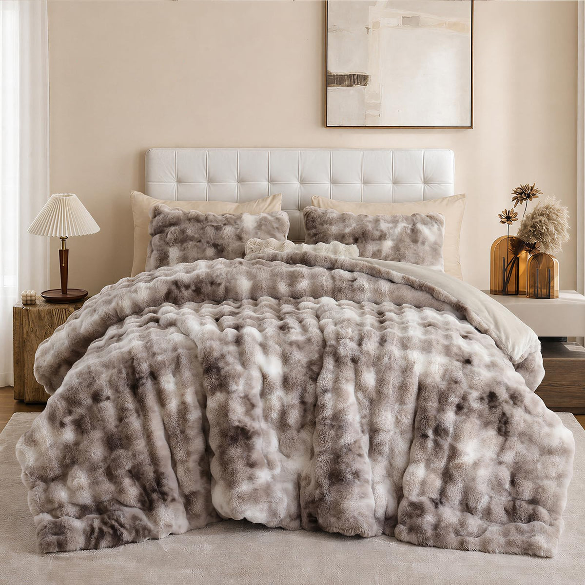 YIKUSH Queen Faux Fur Soft Comforter Set, Fluffy Linen Rabbit Fur Comforter