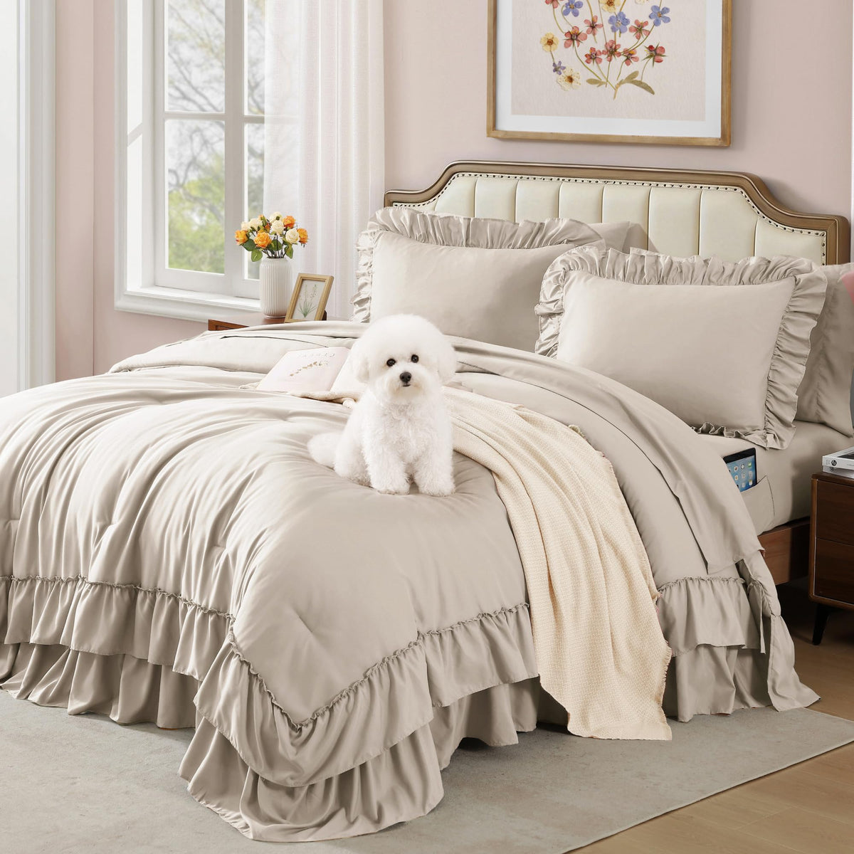 Queen Comforter Set Soft Pink Ruffle 7 Pieces Farmhouse Bed in a Bag