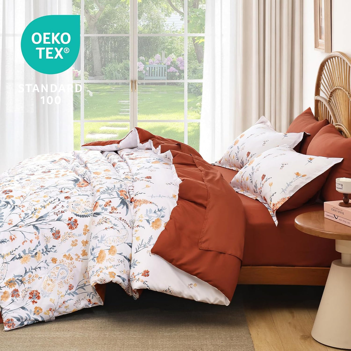 Burnt Orange Floral Comforter Set Queen Size,7 Piece Cute Flower Comforter