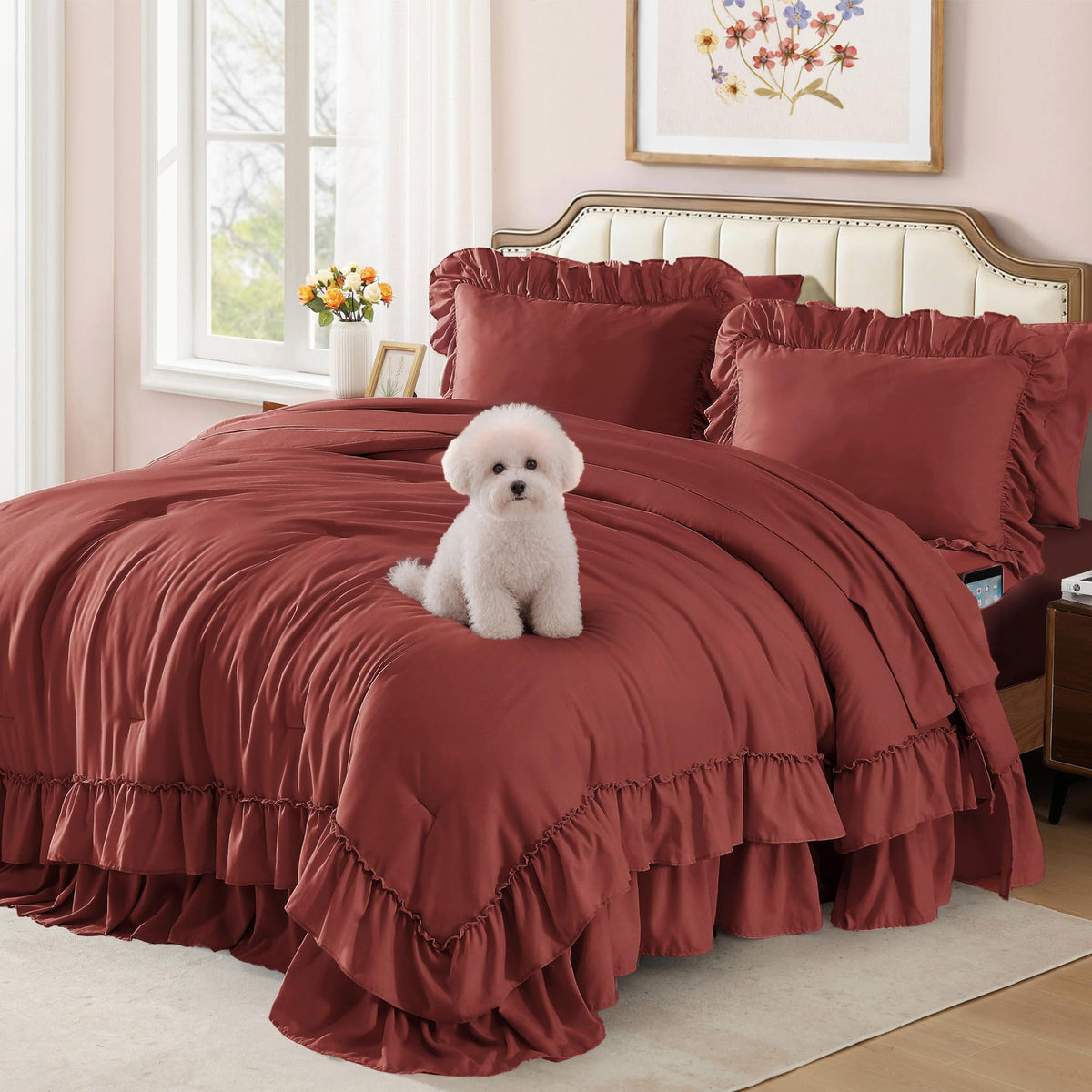 Queen Comforter Set Soft Pink Ruffle 7 Pieces Farmhouse Bed in a Bag