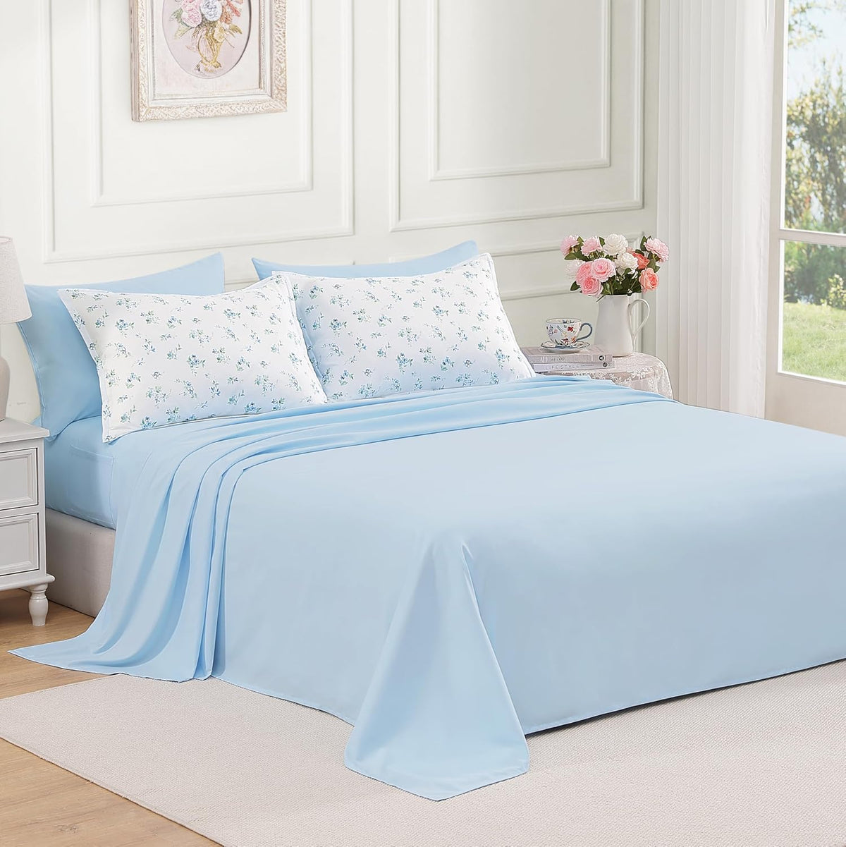 Andency Floral Full Comforter Set, 7 Pieces Cute Blue Coquette Bedding