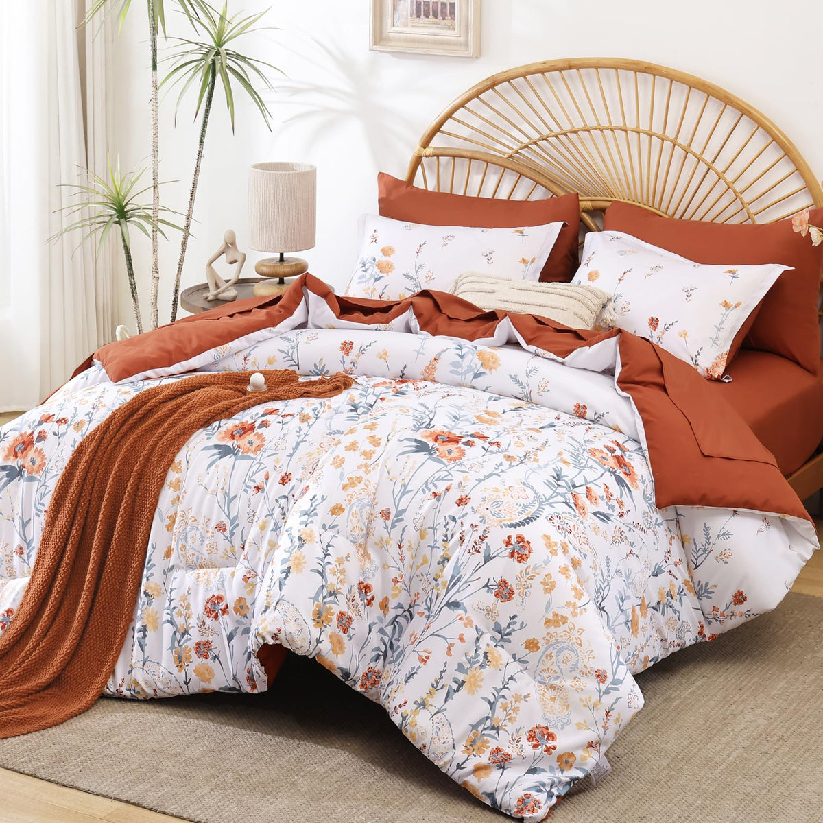 Burnt Orange Floral Comforter Set Queen Size,7 Piece Cute Flower Comforter